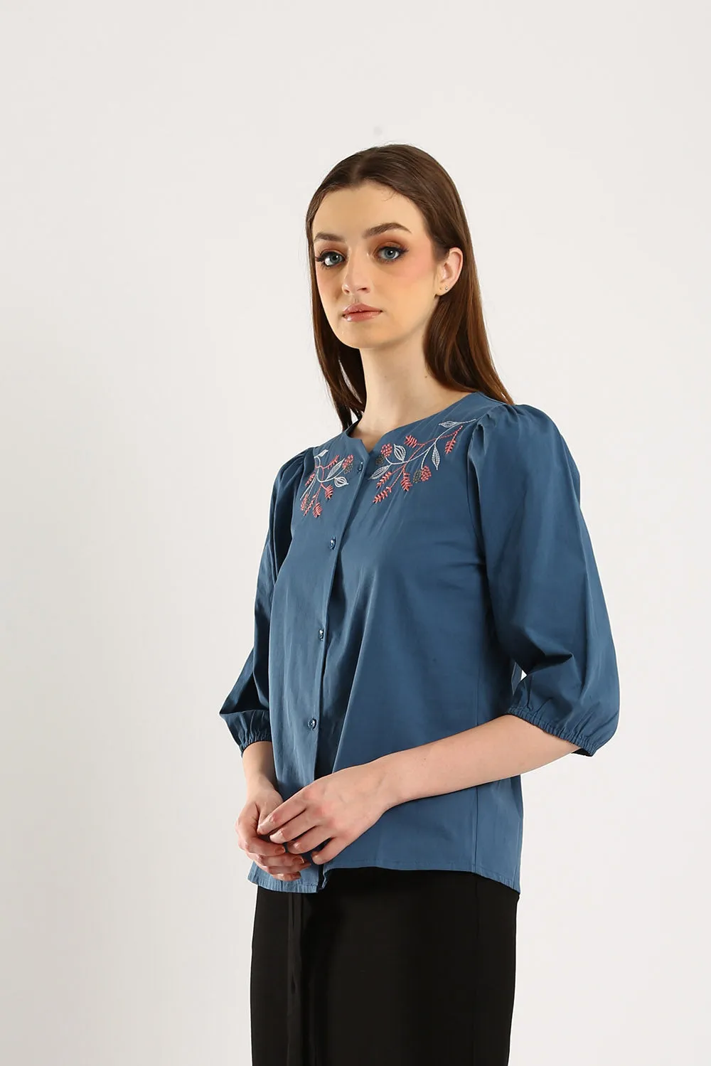 100% Cotton Embroidered Blouse in Slate Blue