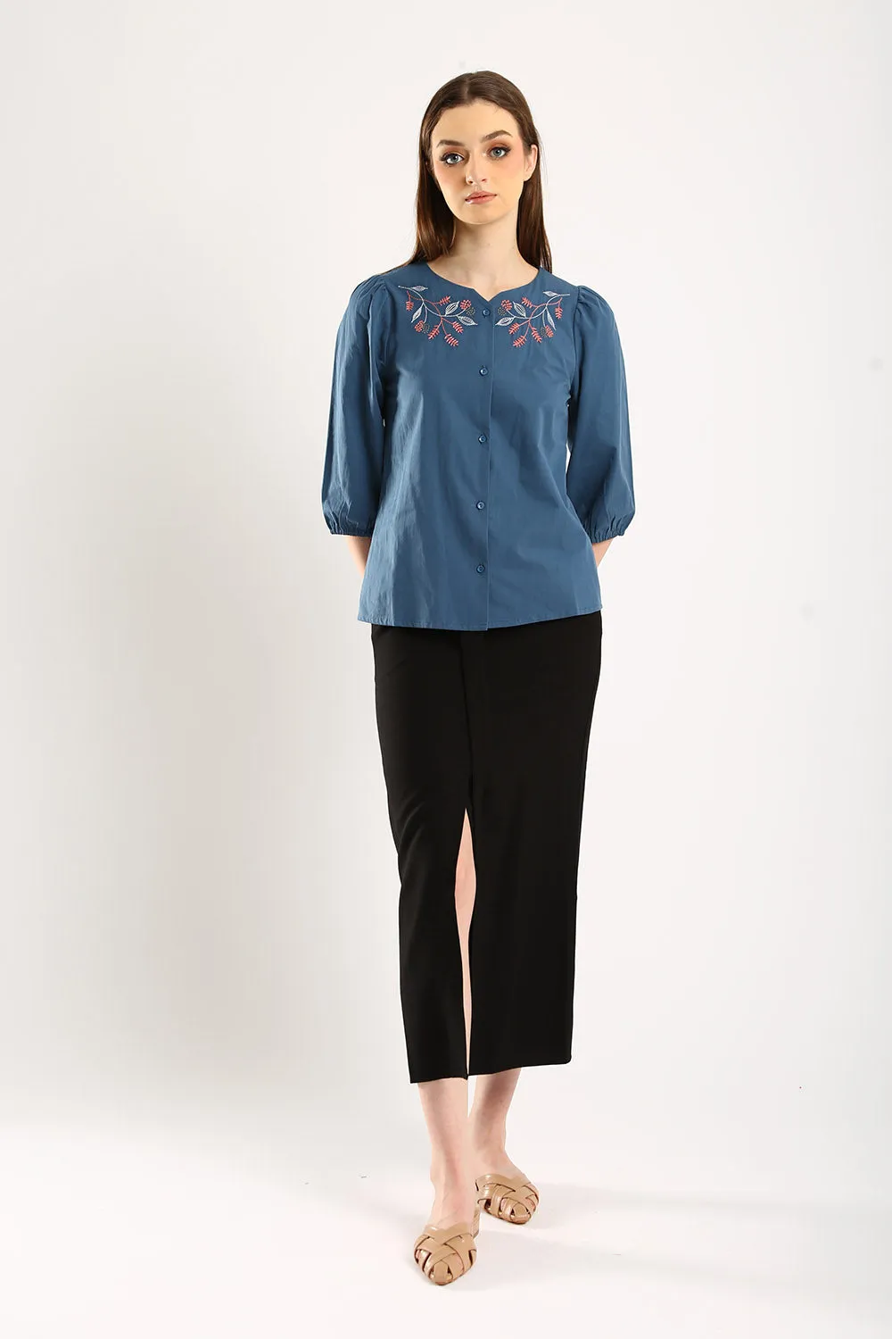 100% Cotton Embroidered Blouse in Slate Blue