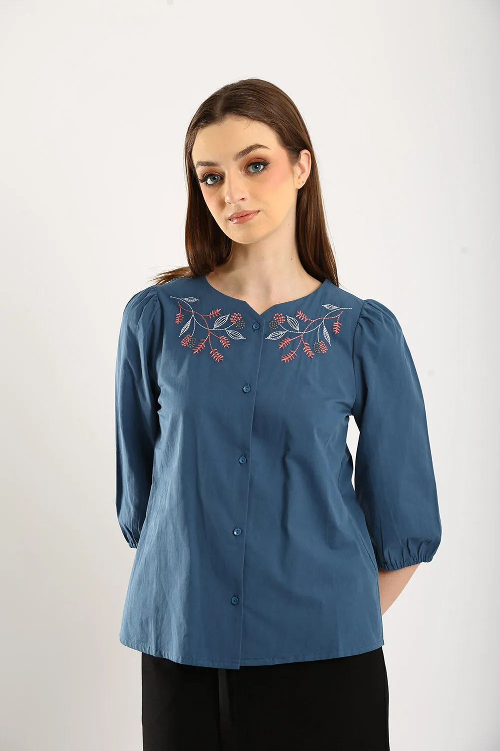 100% Cotton Embroidered Blouse in Slate Blue