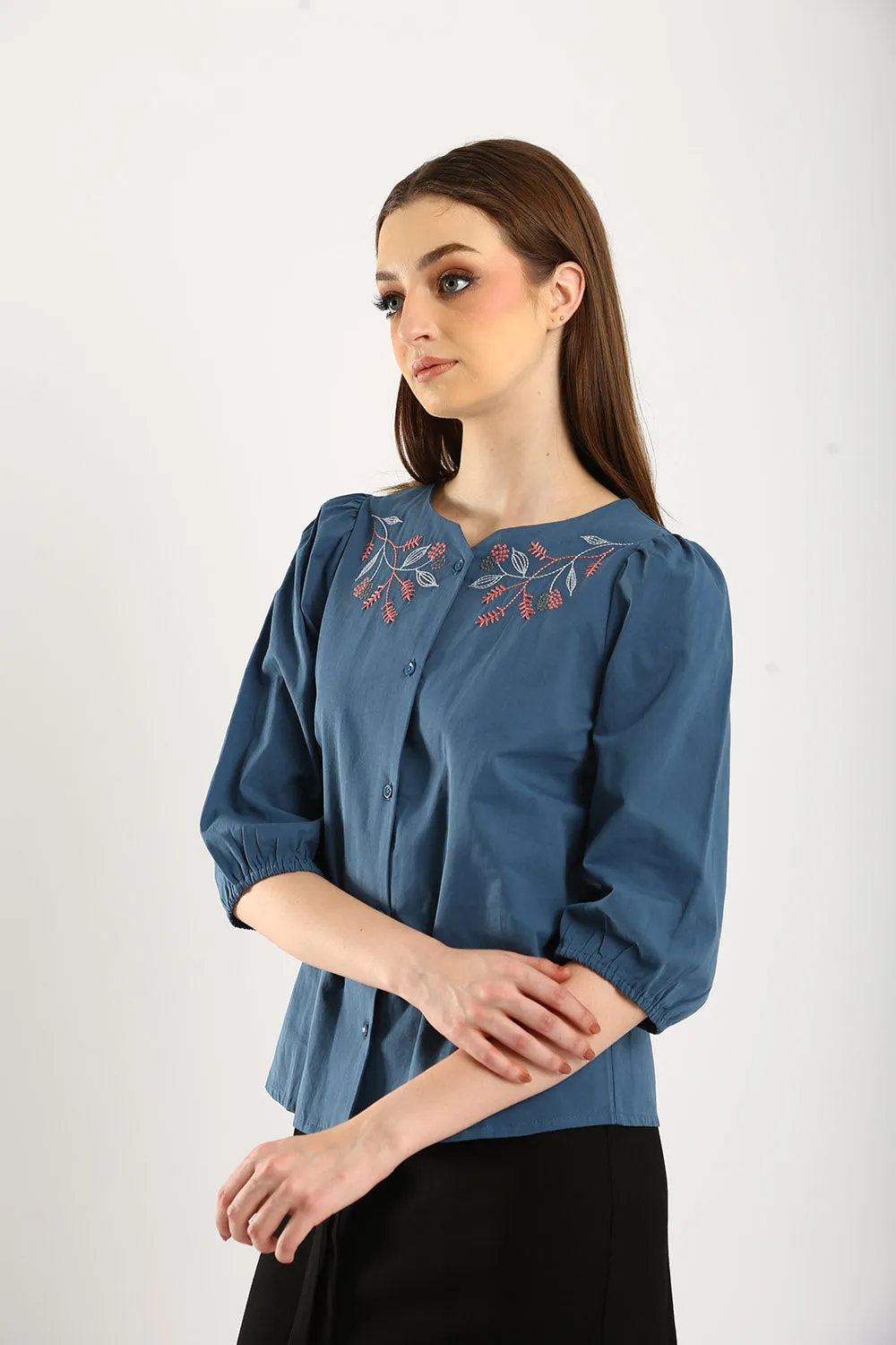 100% Cotton Embroidered Blouse in Slate Blue