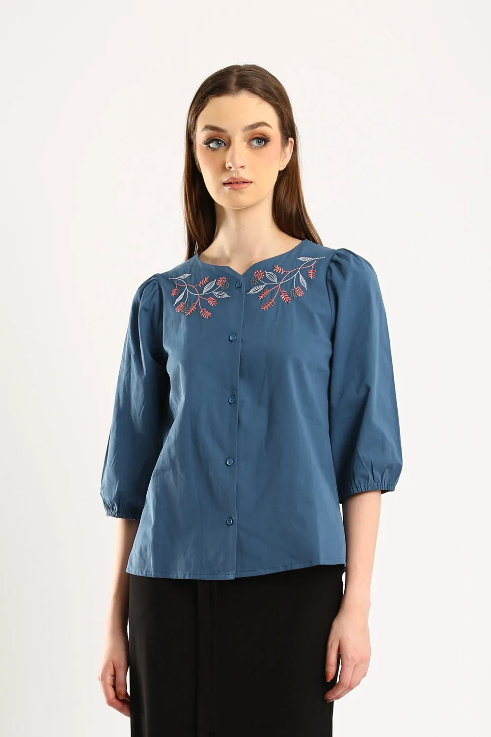 100% Cotton Embroidered Blouse in Slate Blue