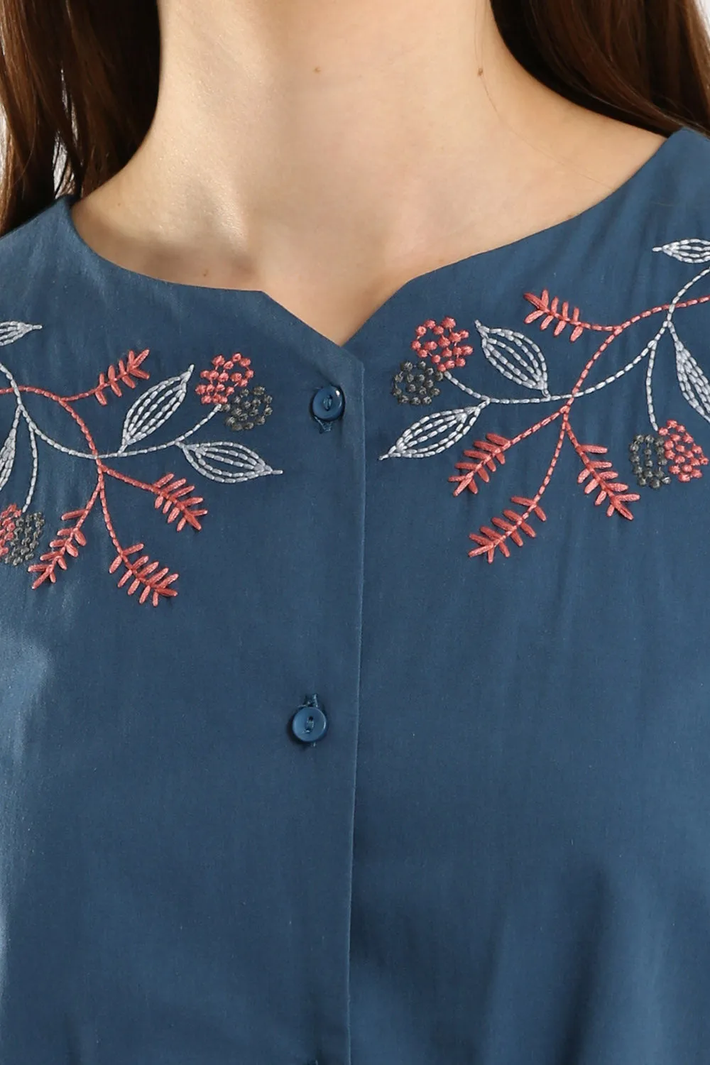 100% Cotton Embroidered Blouse in Slate Blue