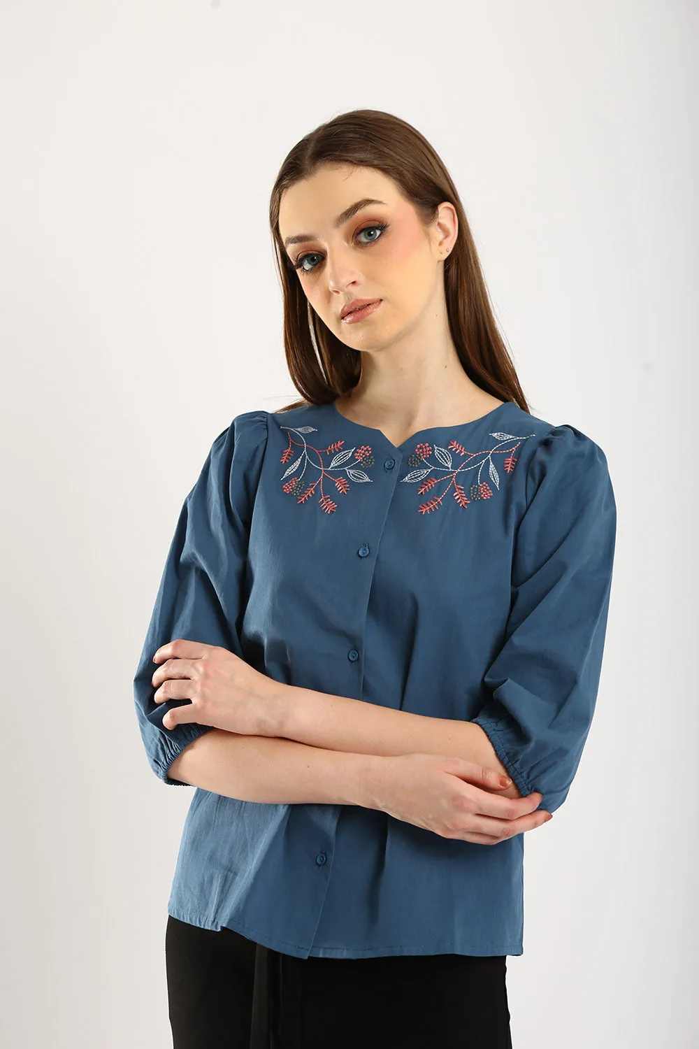 100% Cotton Embroidered Blouse in Slate Blue