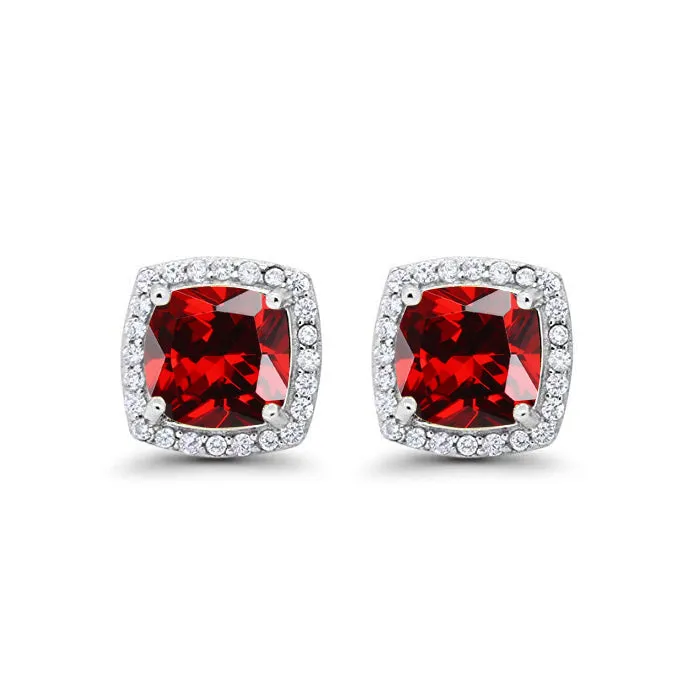 10k White Gold Plated 4 Ct Created Halo Princess Cut Garnet Stud Earrings