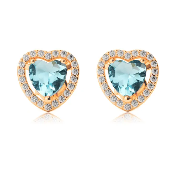 10k Yellow Gold Plated 1 Ct Created Halo Heart Aquamarine Stud Earrings