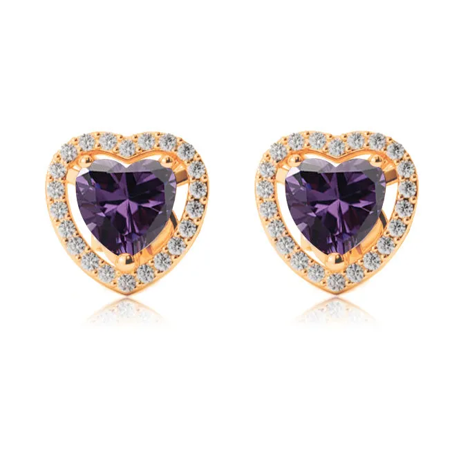 10k Yellow Gold Plated 3 Ct Created Halo Heart Amethyst Stud Earrings