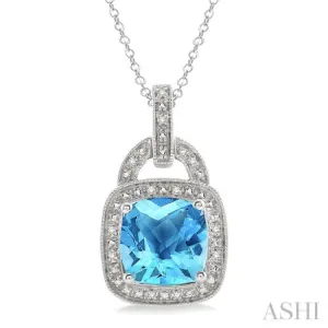 10x10mm Cushion Cut Blue Topaz and 1/20 Ctw Single Cut Diamond Pendant in Sterling Silver with Chain