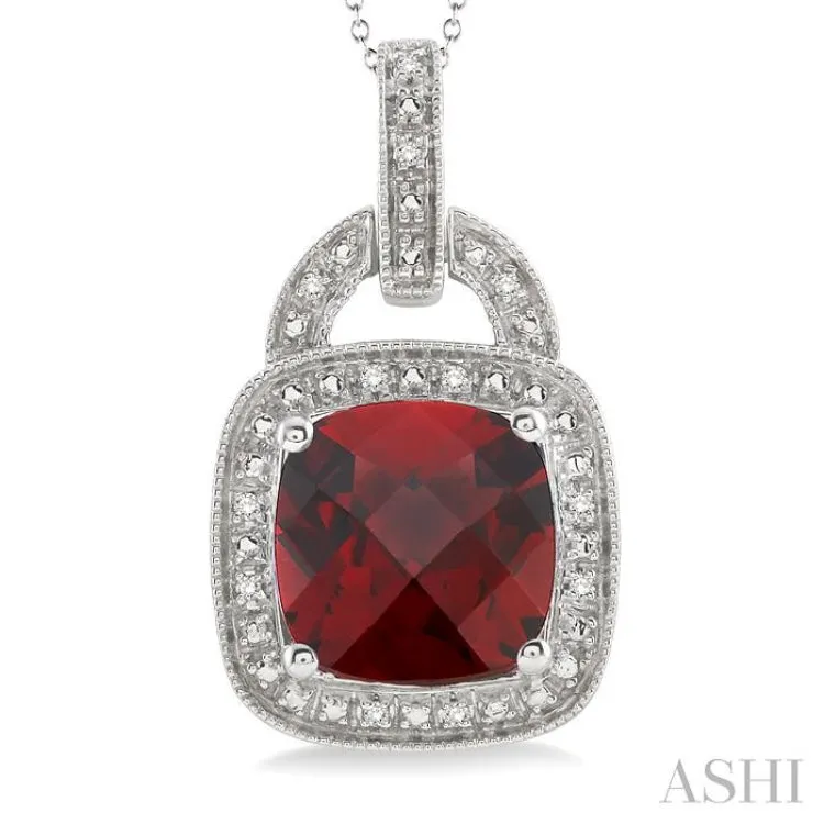 10x10mm Cushion Cut Garnet and 1/20 Ctw Single Cut Diamond Pendant in Sterling Silver with Chain