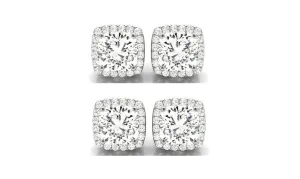 14k White Gold 1Ct Cushion Cut White Sapphire Set Of Two Halo Stud Earrings Plated