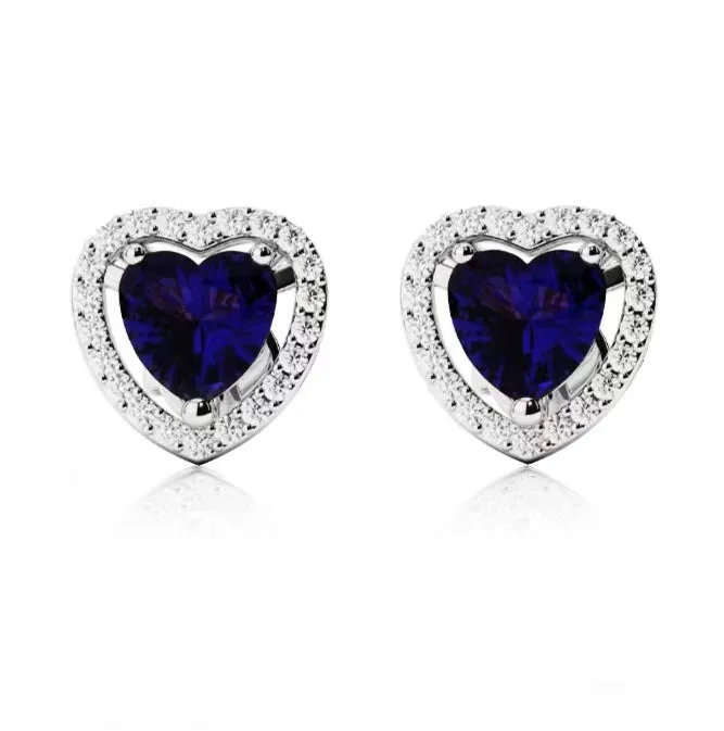 14k White Gold Plated 1/2 Ct Created Halo Heart Blue Sapphire Stud Earrings