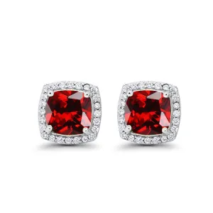 14k White Gold Plated 1/2 Ct Created Halo Princess Cut Garnet Stud Earrings