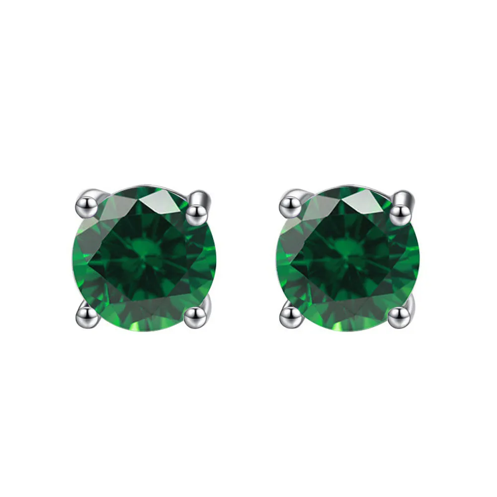 14k White Gold Plated 1/2 Ct Round Created Emerald Stud Earrings