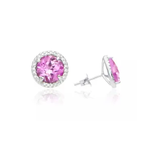 14k White Gold Plated 1/2 Ct Round Created Tourmaline Halo Stud Earrings