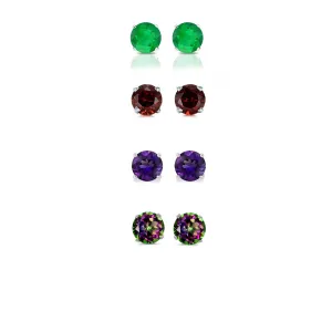 14k White Gold Plated 1Ct Created Emerald, Garnet, Amethyst and Mystic Topaz 4 Pair Round Stud Earrings