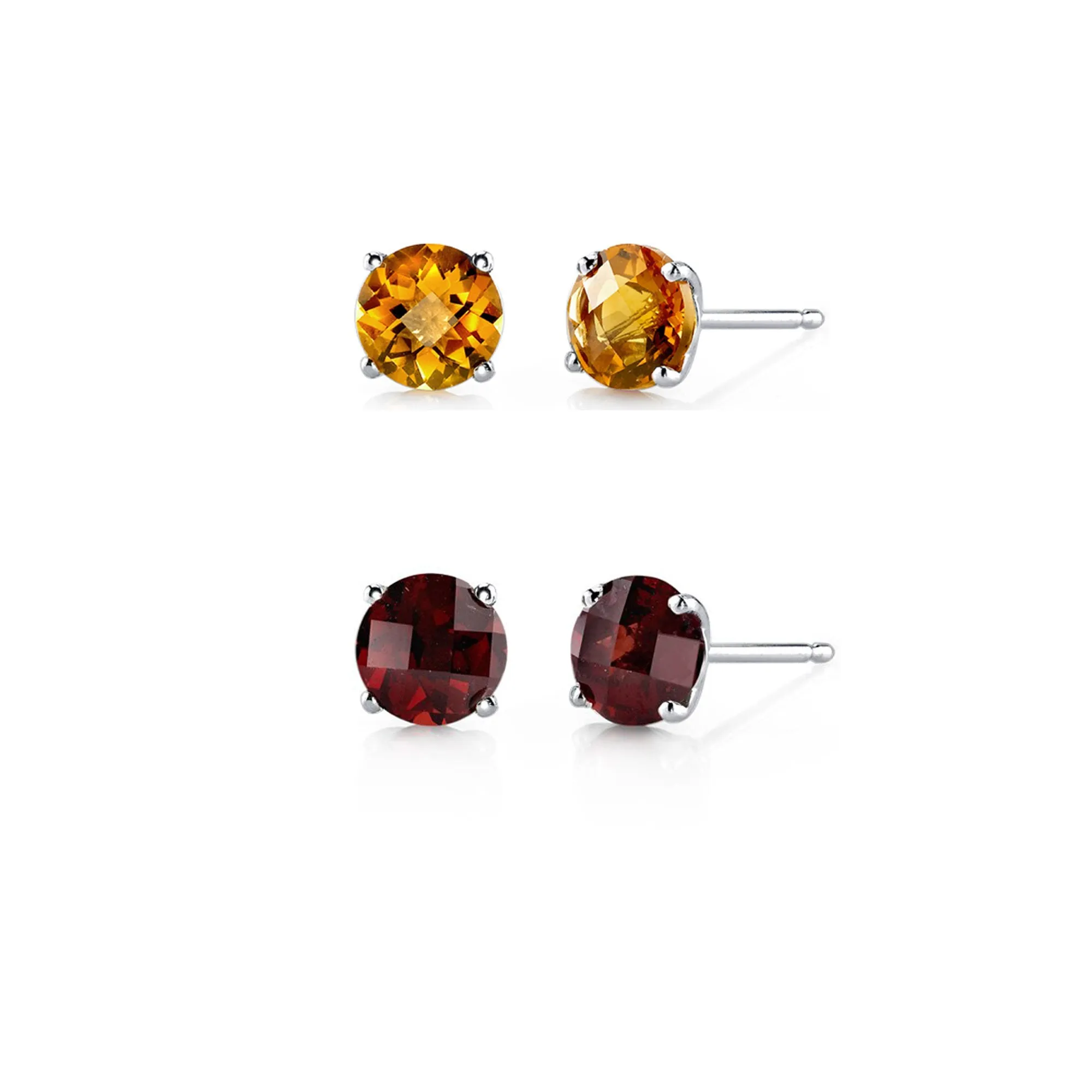 14k White Gold Plated 2Ct Created Citrine and Garnet 2 Pair Round Stud Earrings