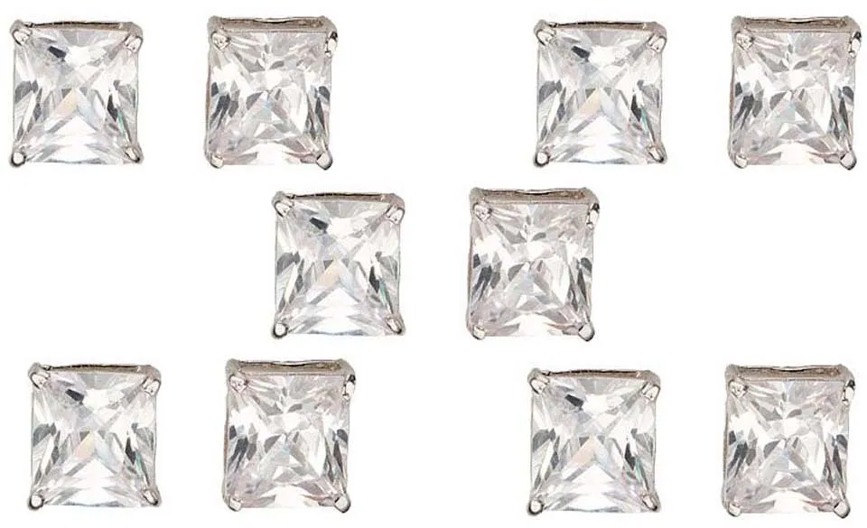 14k White Gold Plated 2Ct Square Cut White Sapphire Set Of Five Stud Earrings