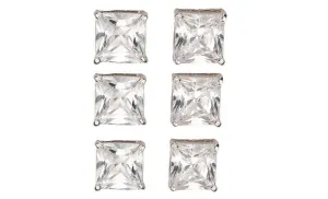 14k White Gold Plated 2Ct Square Cut White Sapphire Set Of Three Stud Earrings