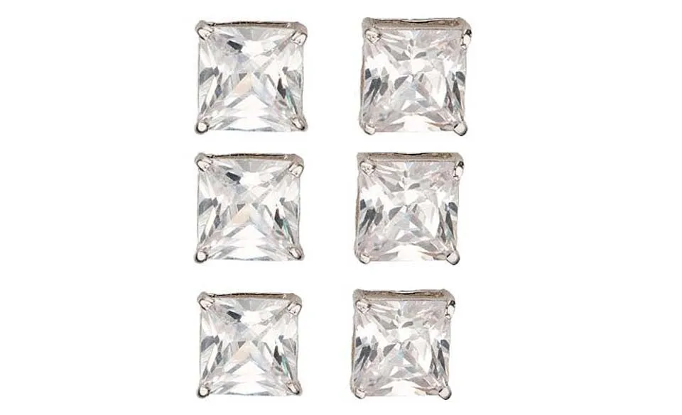 14k White Gold Plated 2Ct Square Cut White Sapphire Set Of Three Stud Earrings