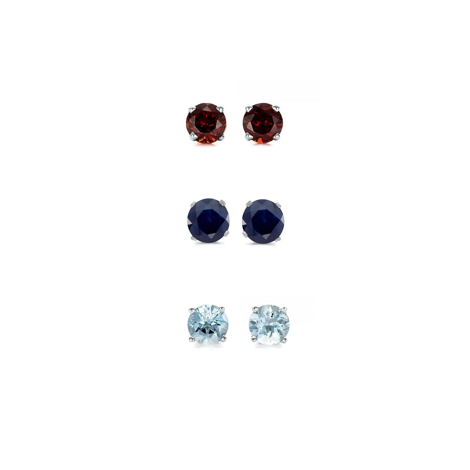 14k White Gold Plated 3Ct Created Garnet, Black Sapphire and Aquamarine 3 Pair Round Stud Earrings