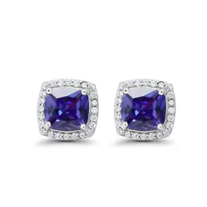 14k White Gold Plated 4 Ct Created Halo Princess Cut Blue Sapphire Stud Earrings