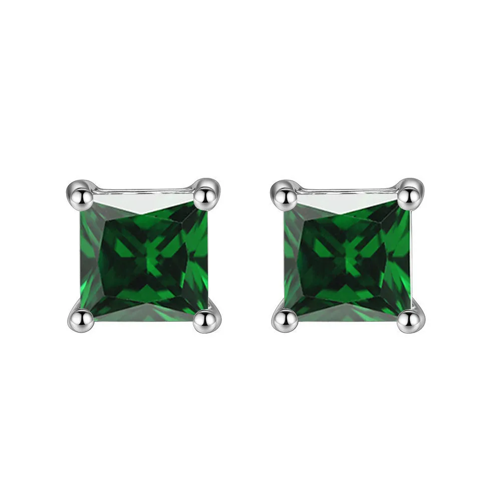 14k White Gold Plated 4 Ct Square Created Emerald Stud Earrings