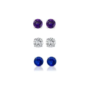 14k White Gold Plated 4Ct Created Amethyst, White Sapphire and Blue Sapphire 3 Pair Round Stud Earrings