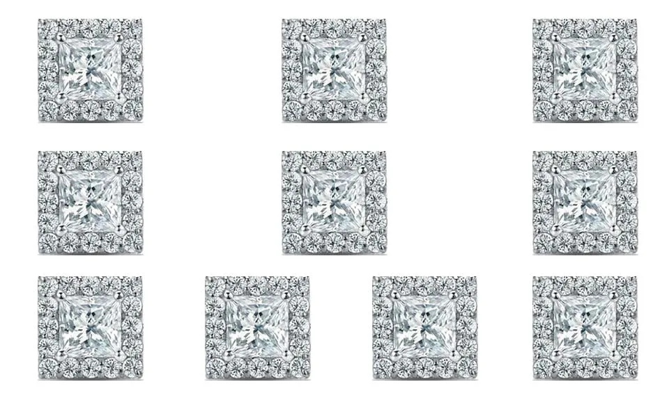 14k White Gold Plated 4mm 1/2Ct Princess Cut White Sapphire Set of Five Halo Stud Earrings