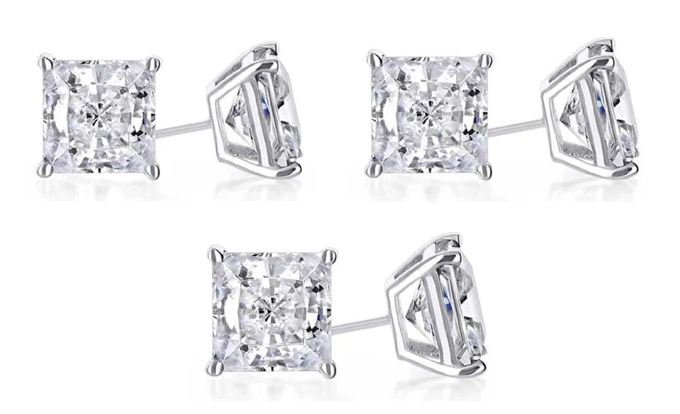 14k White Gold Plated 4mm 1/2Ct Princess Cut White Sapphire Set Of Three Stud Earrings