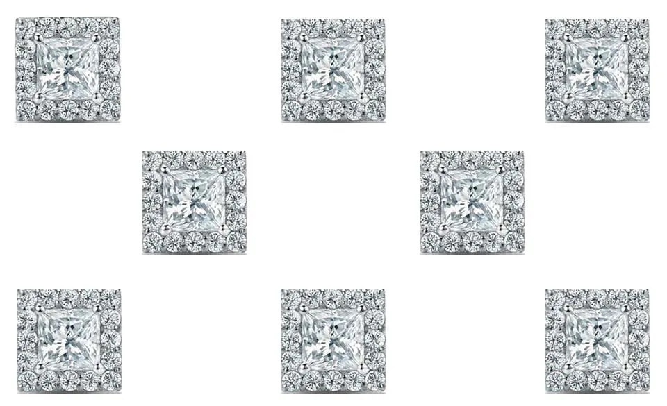 14k White Gold Plated 4mm 3Ct Princess Cut White Sapphire Set of Four Halo Stud Earrings