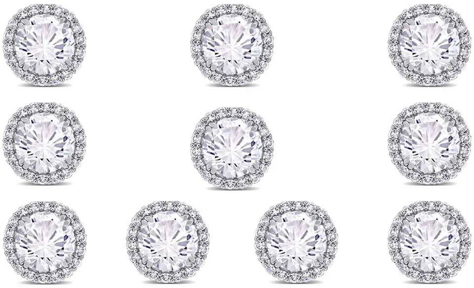 14k White Gold Plated 6mm 1Ct Round White Sapphire Set Of Five Halo Stud Earrings