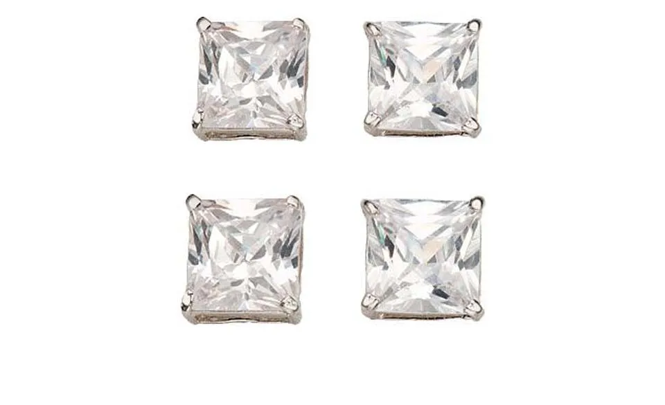 14k White Gold Plated 6mm 2Ct Square Cut White Sapphire Set Of Two Stud Earrings