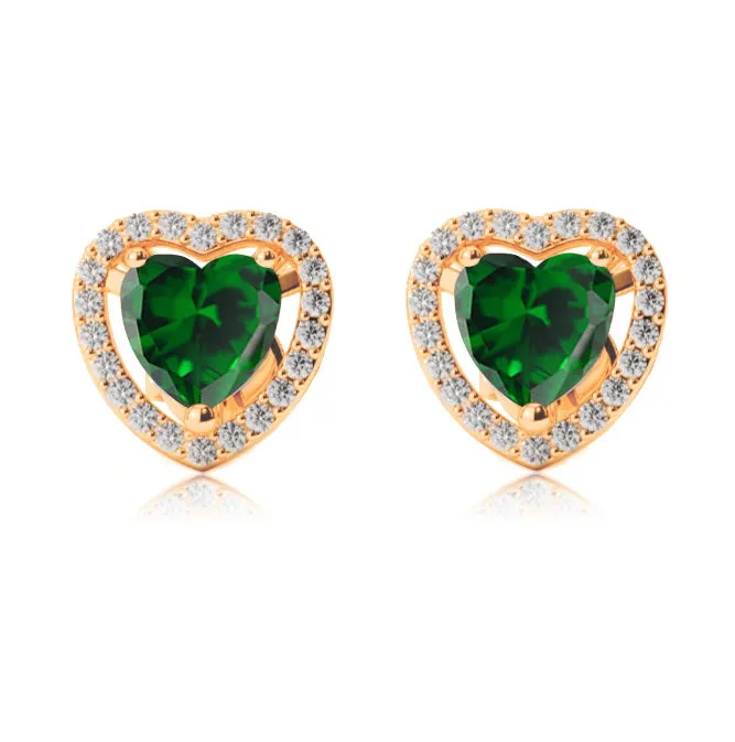 14k Yellow Gold Plated 3 Ct Created Halo Heart Emerald Stud Earrings