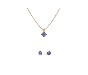 18K Rose Gold 2ct Tanzanite Square 18 Inch Necklace and Round Earrings Set Plated