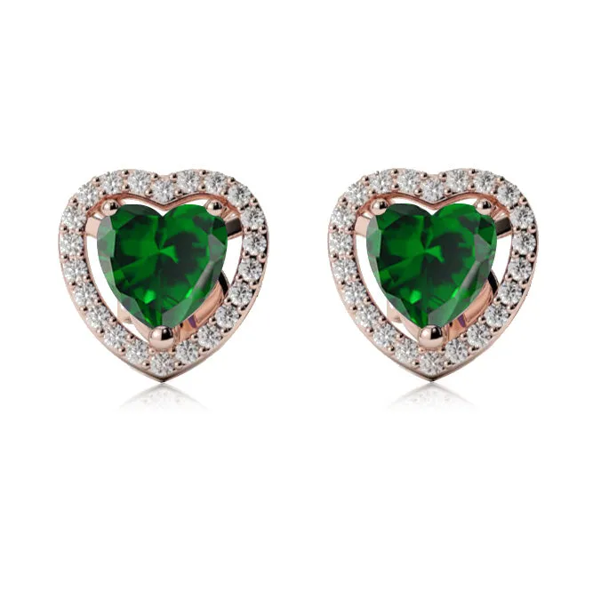 18k Rose Gold Plated 3 Ct Created Halo Heart Emerald Stud Earrings