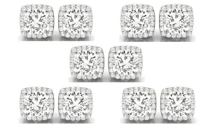 18k White Gold 1/2Ct Cushion Cut White Sapphire Set Of Five Halo Stud Earrings Plated