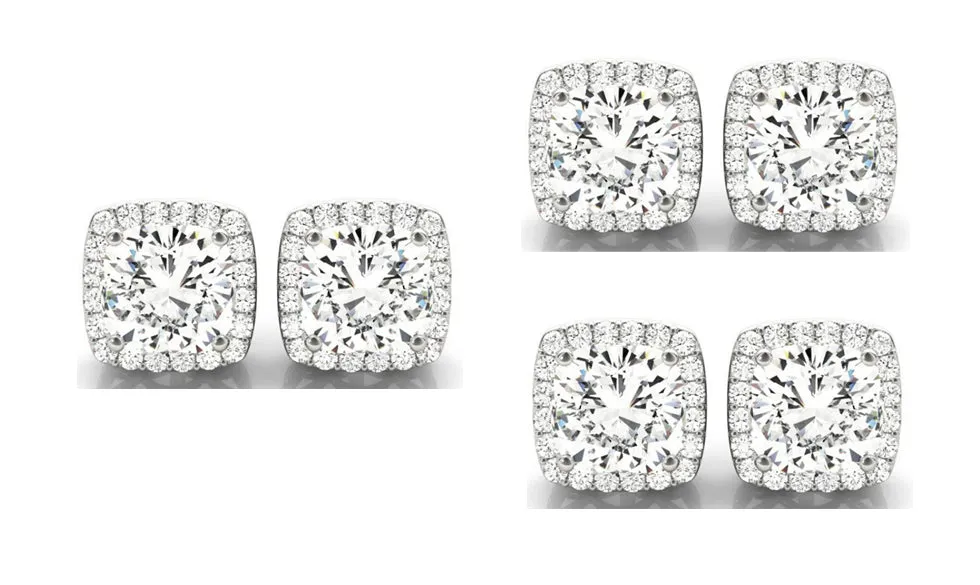 18k White Gold 4mm 1Ct Cushion Cut White Sapphire Set Of Three Halo Stud Earrings Plated