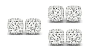 18k White Gold 6mm 4Ct Cushion Cut White Sapphire Set Of Three Halo Stud Earrings Plated