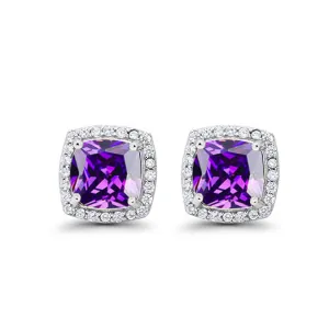 18k White Gold Plated 1 Ct Created Halo Princess Cut Amethyst Stud Earrings