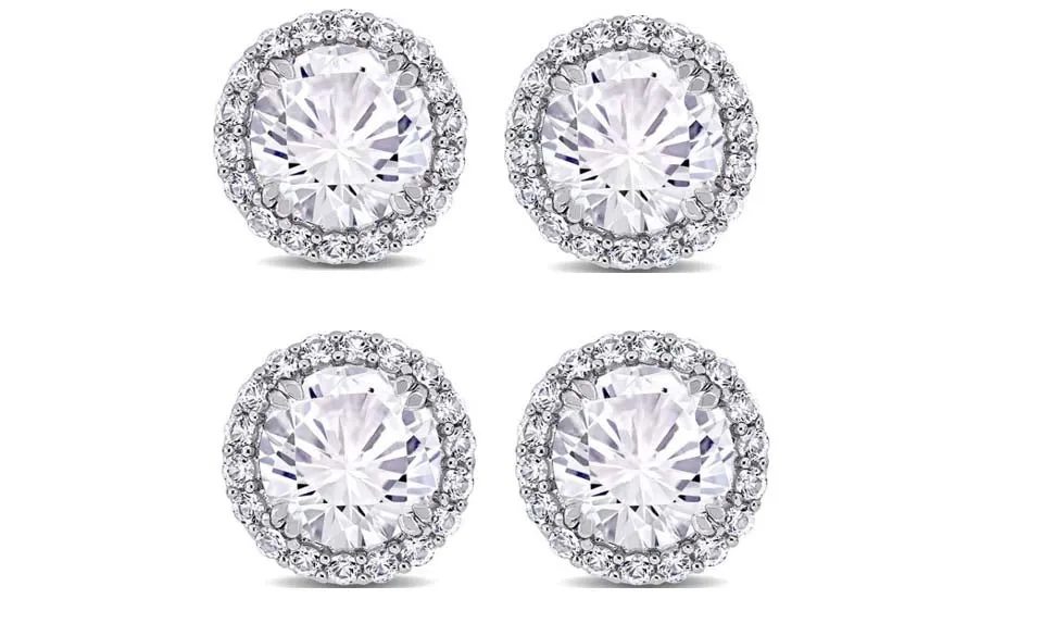 18k White Gold Plated 1/2Ct Round White Sapphire Set of Two Halo Stud Earrings