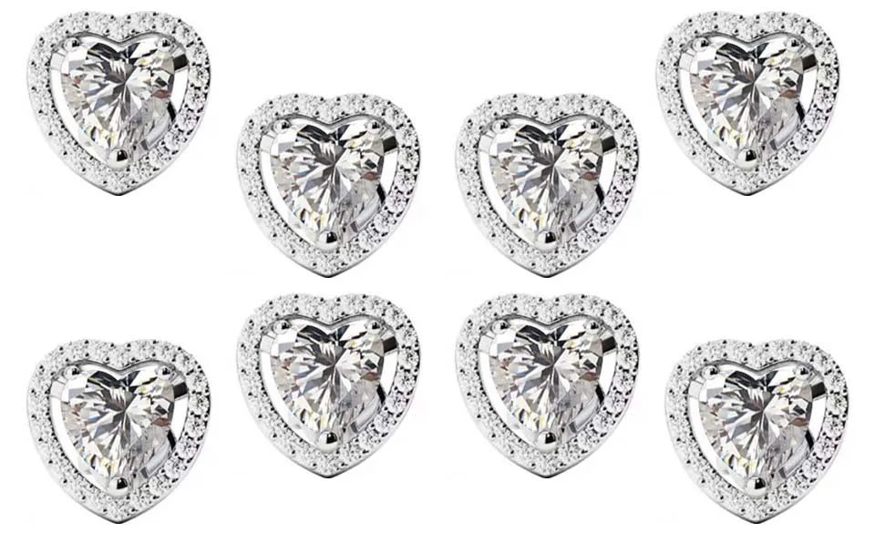 18k White Gold Plated 3Ct Heart White Sapphire Set of Four Halo Stud Earrings