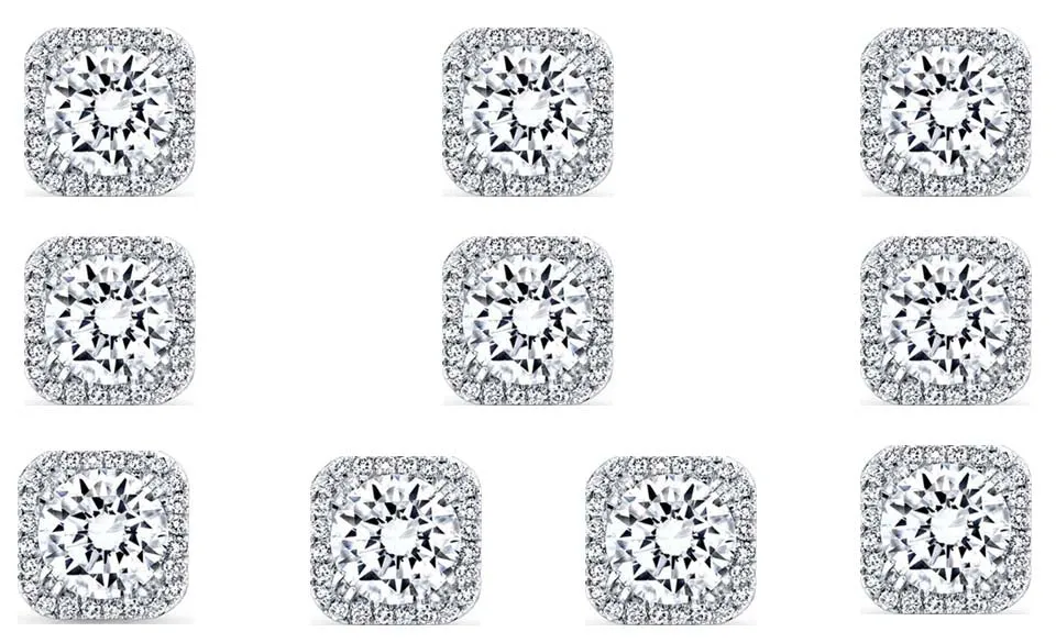 18k White Gold Plated 3Ct Square Cut White Sapphire Set of Five Halo Stud Earrings