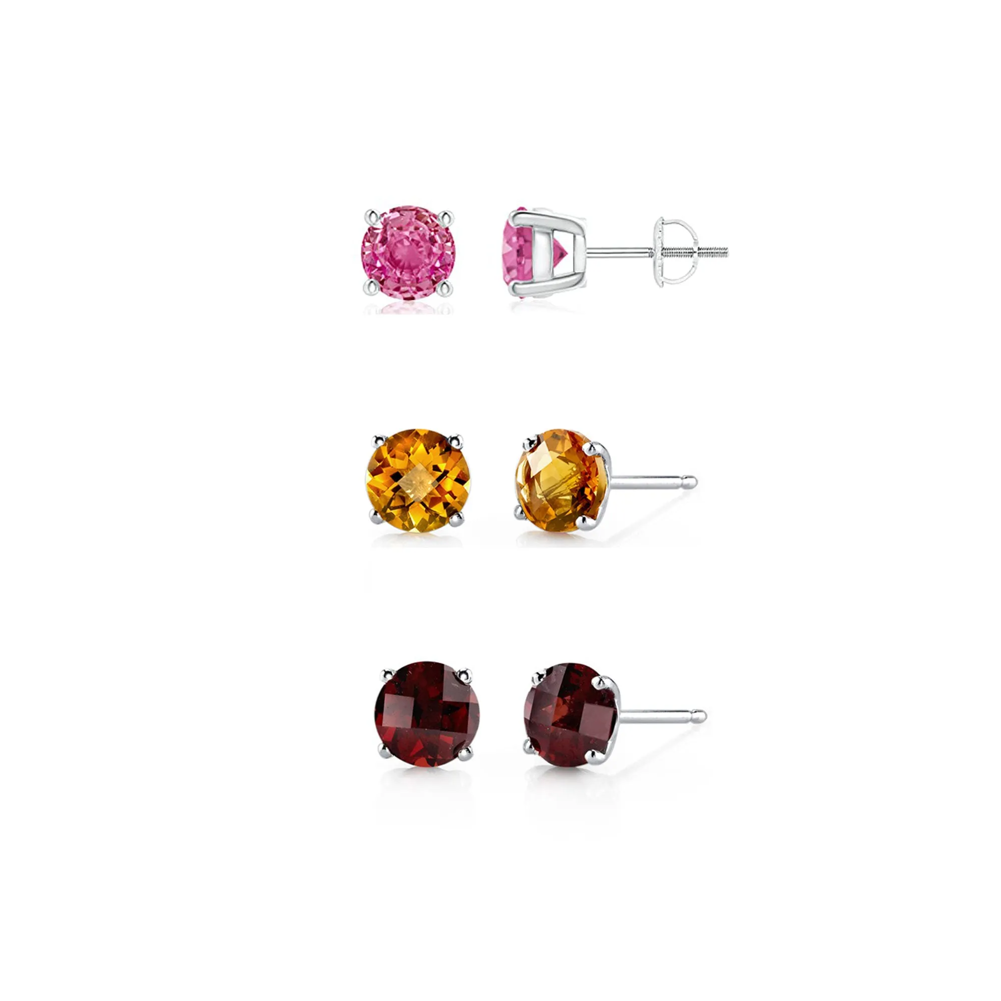 18k White Gold Plated 4Ct Created Pink Sapphire, Citrine and Garnet 3 Pair Round Stud Earrings