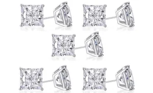 18k White Gold Plated 4Ct Princess Cut White Sapphire Set Of Five Stud Earrings