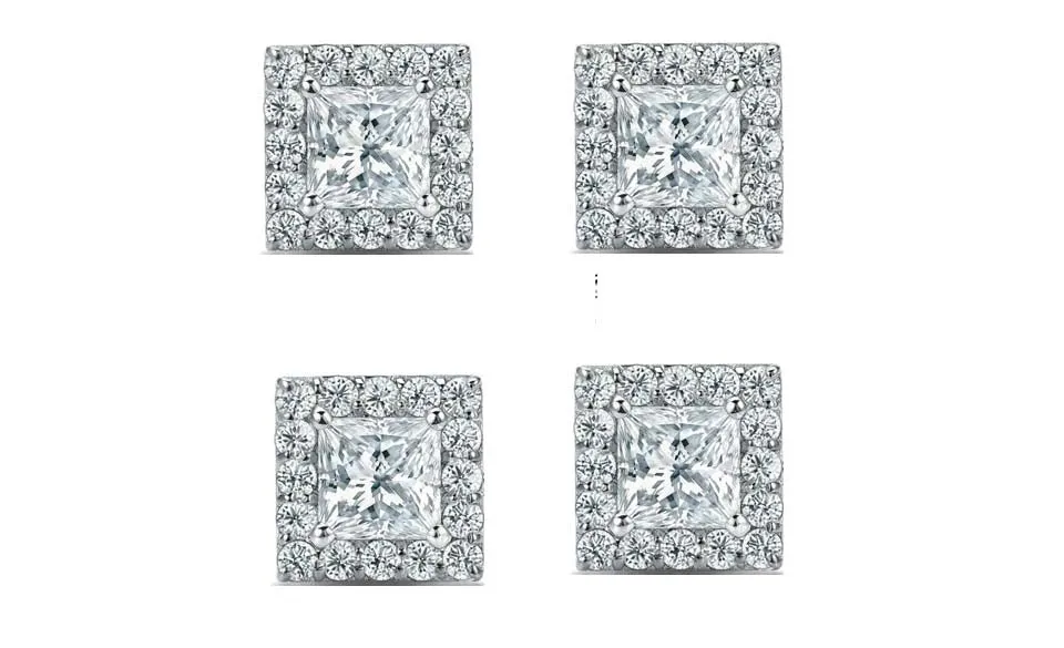 18k White Gold Plated 4Ct Princess Cut White Sapphire Set of Two Halo Stud Earrings