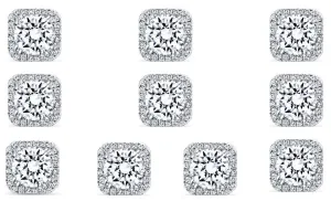 18k White Gold Plated 4mm 1/2Ct Square Cut White Sapphire Set of Five Halo Stud Earrings