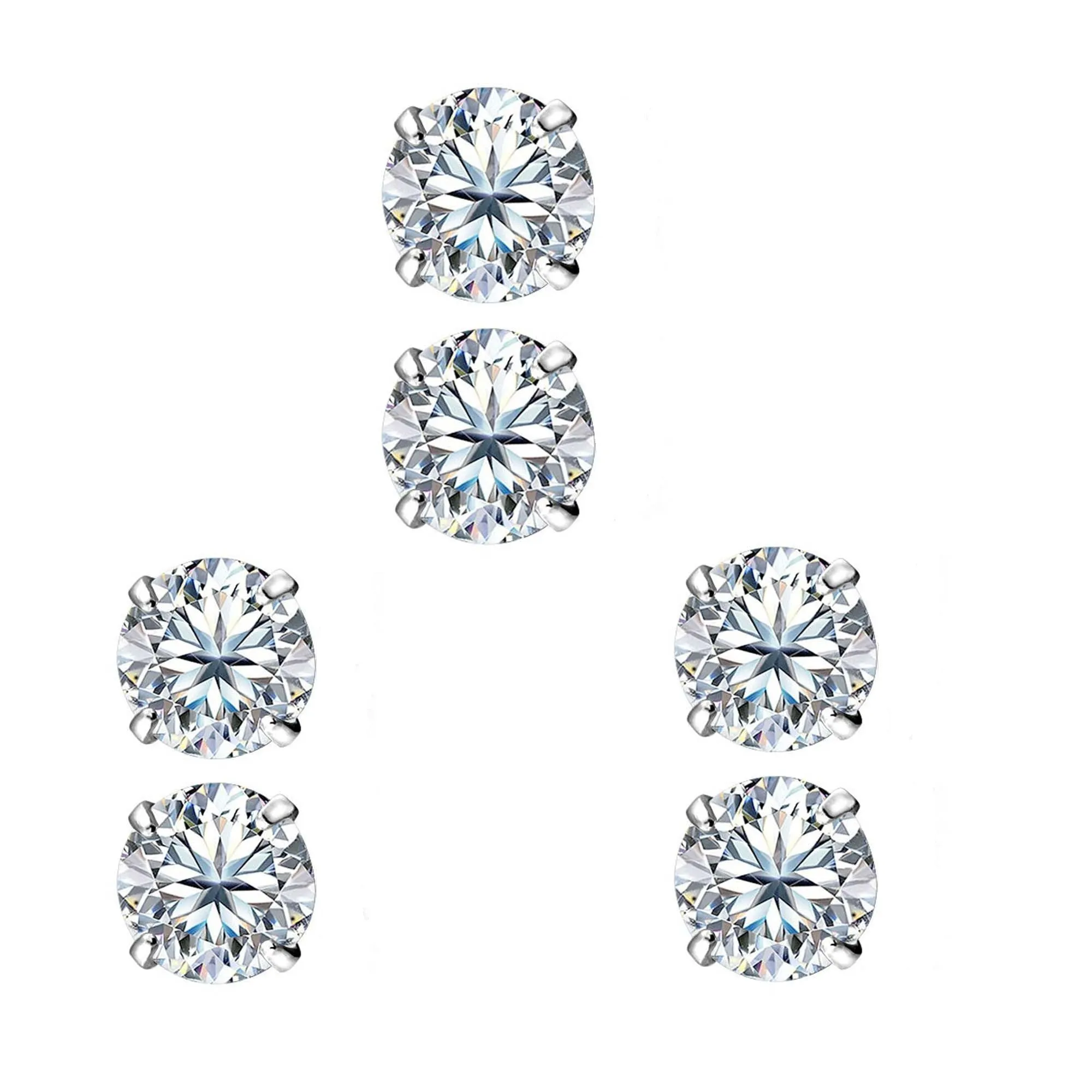 18k White Gold Plated 4mm 2Ct Round White Sapphire Set Of Three Stud Earrings