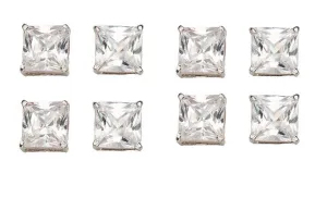 18k White Gold Plated 4mm 4Ct Square Cut White Sapphire Set Of Four Stud Earrings