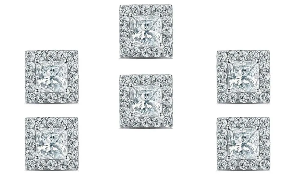 18k White Gold Plated 6mm 3Ct Princess Cut White Sapphire Set of Three Halo Stud Earrings