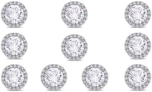 18k White Gold Plated 6mm 3Ct Round White Sapphire Set Of Five Halo Stud Earrings