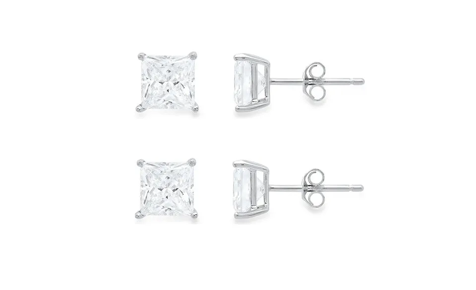 18k White Gold Plated Created White Sapphire 1/2Ct Princess Cut Set Of Two Stud Earrings